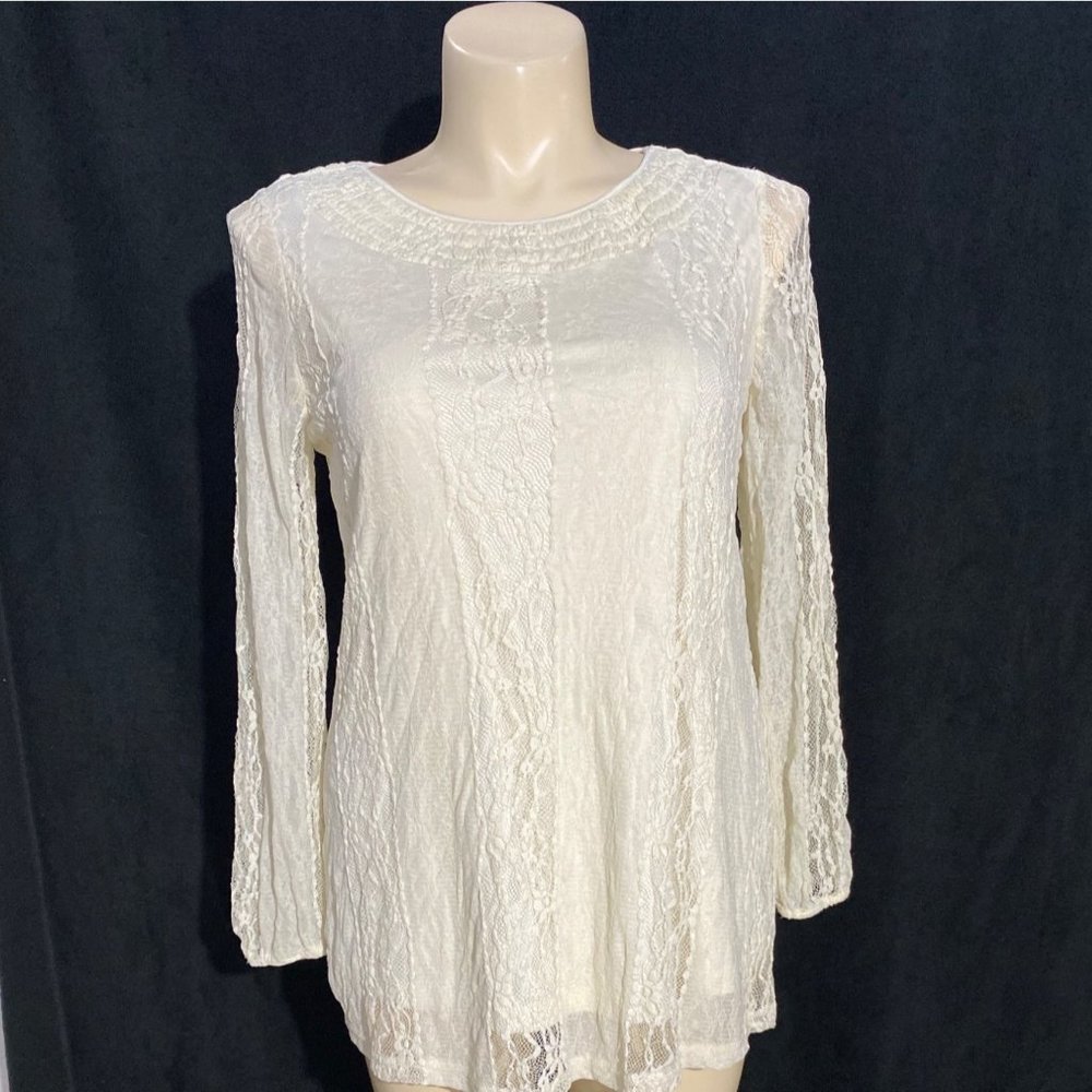Krazy Kat L Top Blouse Ivory Cream Romantic Pretty Lace‎ Overlay Smocked Neck
